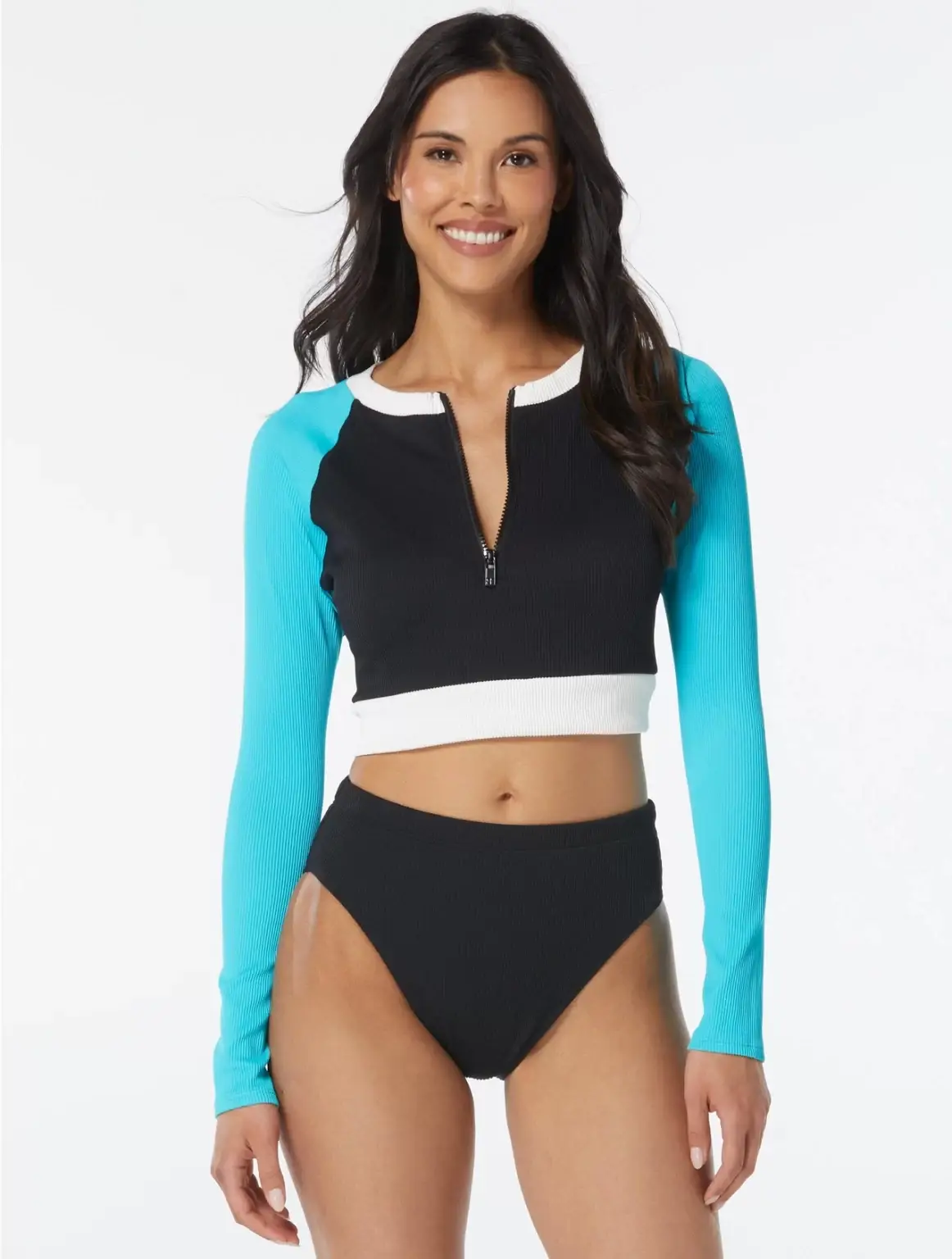 BEACH HOUSE SPORT Swimwear LONG SLEEVE RIBBED CROP TOP and solid bottom