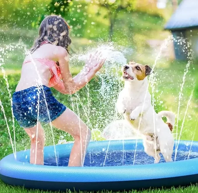 A dog and child enjoying the splash pad in the backyard on a warm summer day