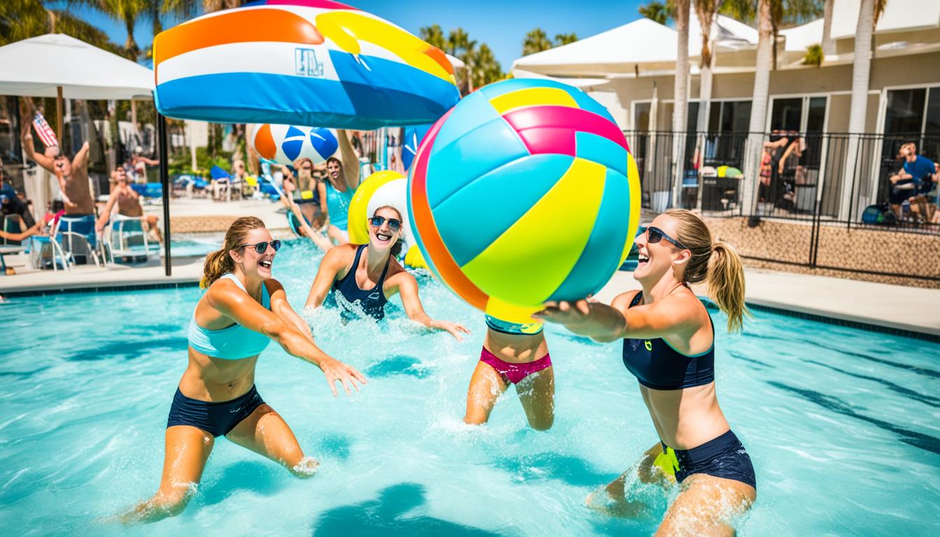 A group of people playing volleyball in a pool with a colorful beach ball.