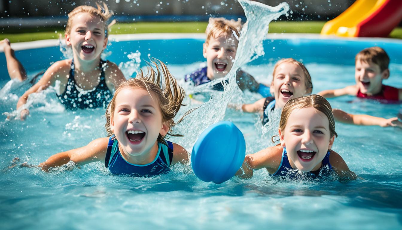 A group of kids laughing and splashing as they play swimming pool games