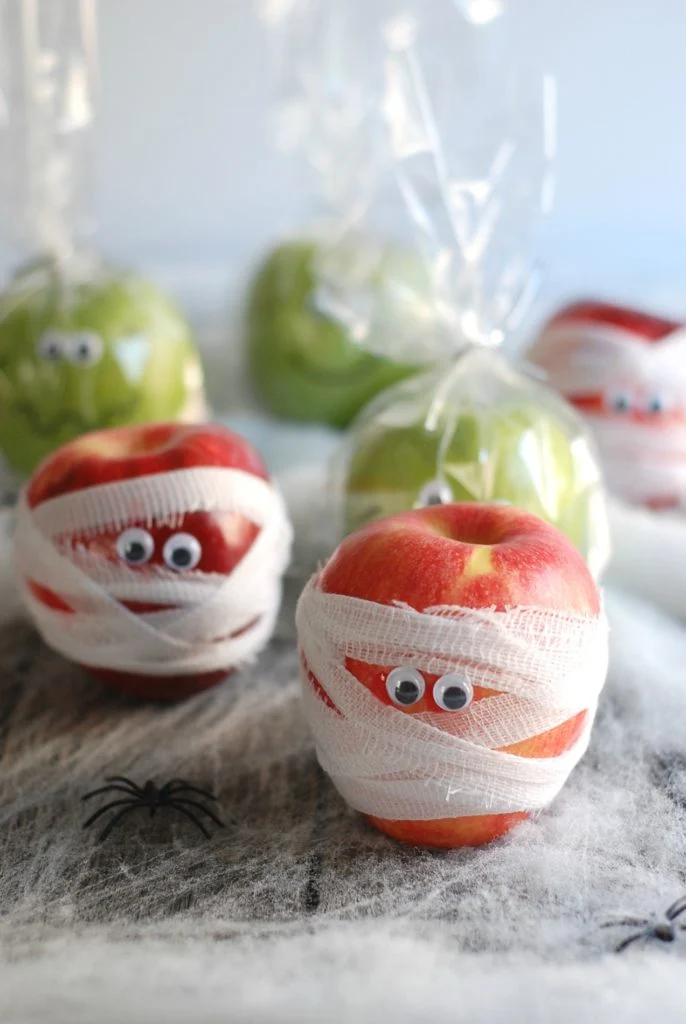 apples decorated as Mummies for halloween