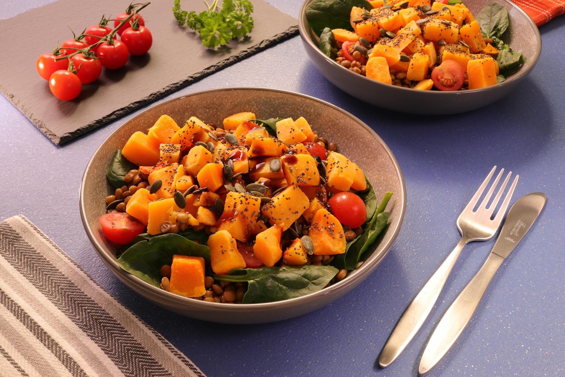 Vegan Lentil and Butternut Squash Salad with pumpkin seeds